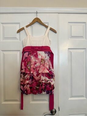 Girls Floral Pink Layered Ruffle Party Dress with Sash